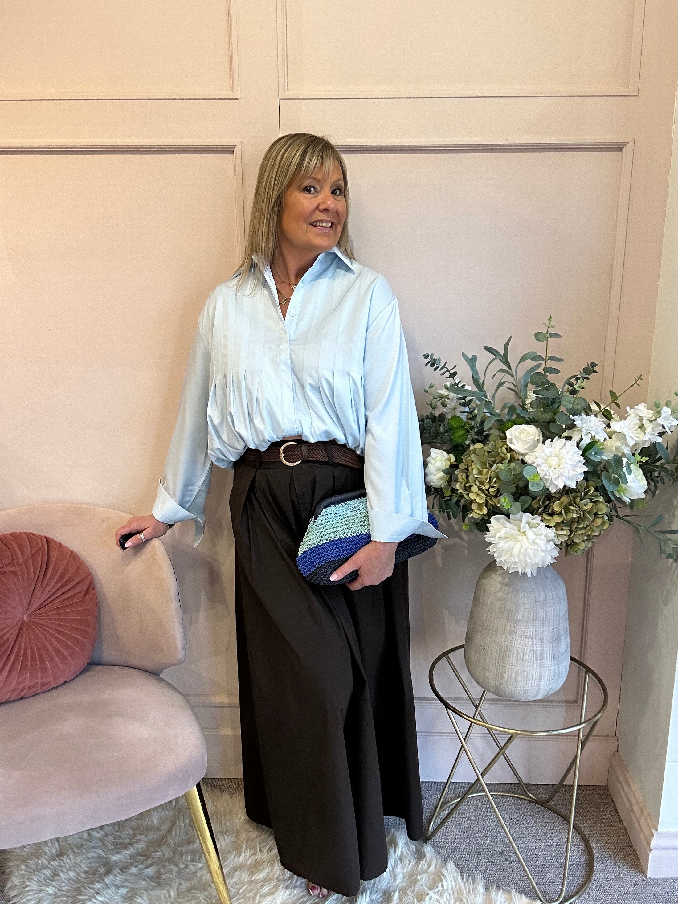 Sheer Shimmer Pleated Shirt - Aqua Blue - Wardrobe By Simone