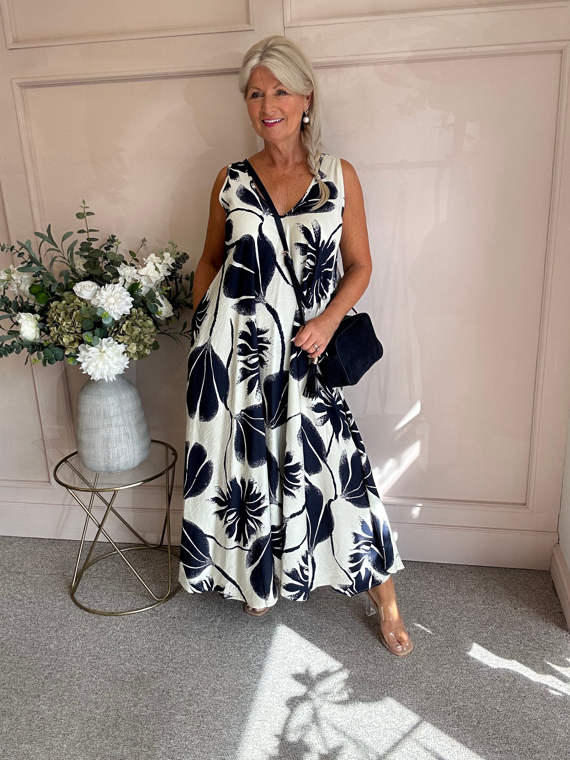 Bold Leaf Maxi Sundress - Navy/Cream - Wardrobe By Simone