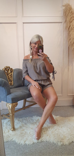 Linen Bardot Top & Shorts Playsuit - Taupe
