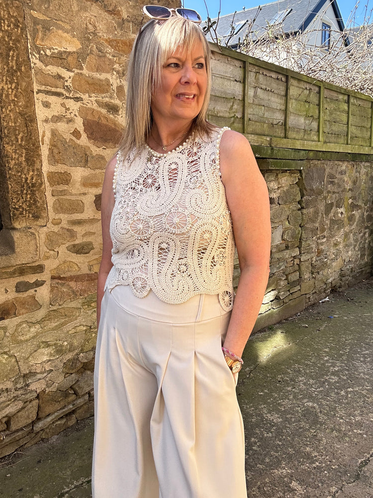 Crochet Pearl Gem Embellished Top - Beige
