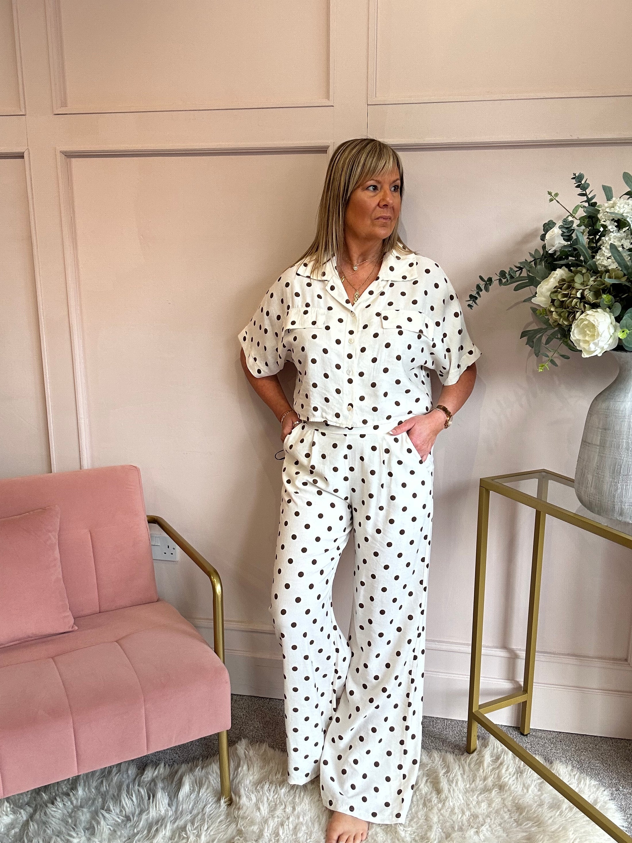 Polka Dot Shirt Pant Set - Beige/Brown - Wardrobe By Simone