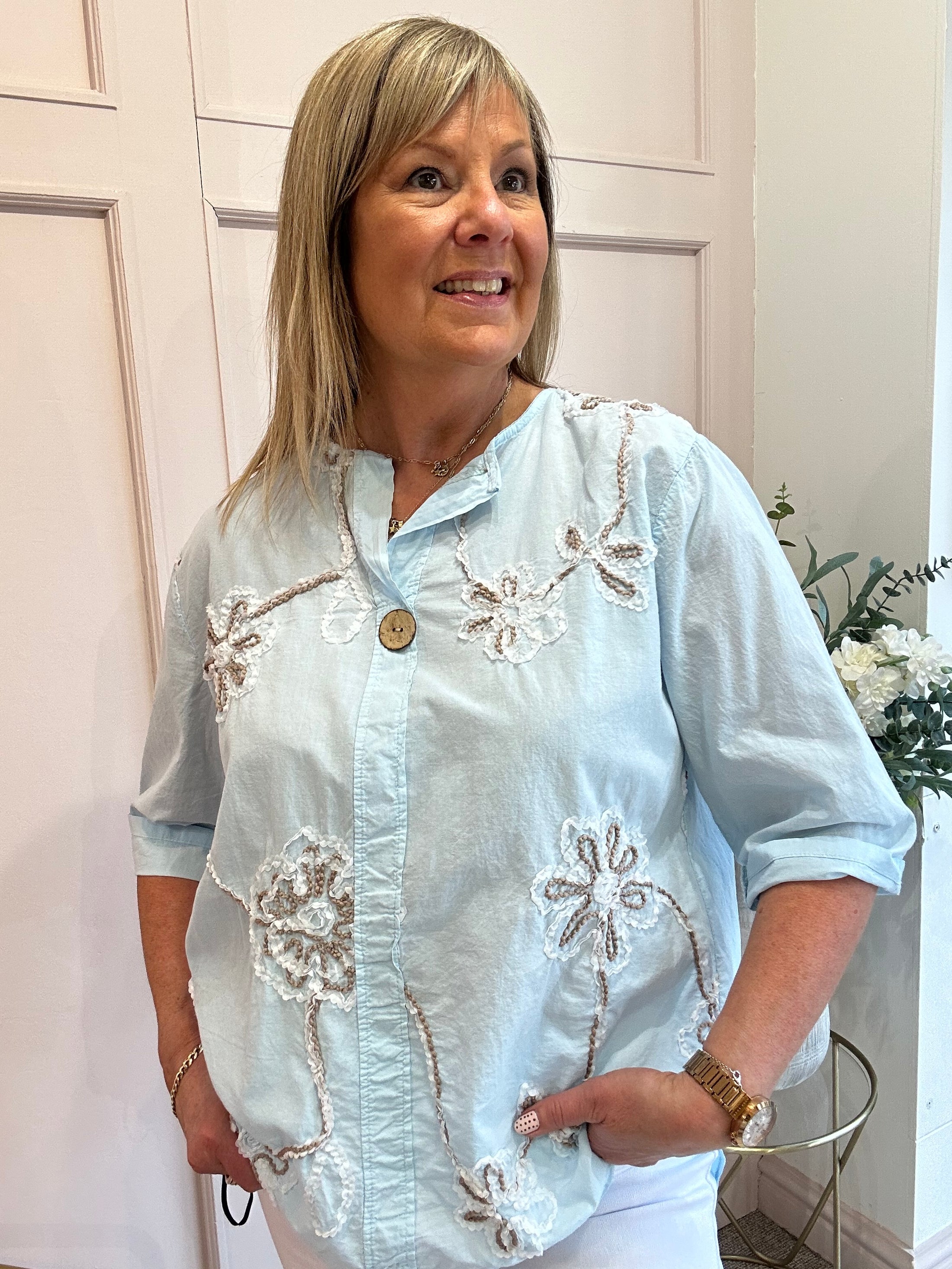 Pretty Applique Flower Shirt  - Soft Blue - Wardrobe By Simone