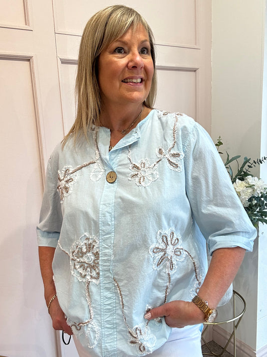 Pretty Applique Flower Shirt  - Soft Blue - Wardrobe By Simone