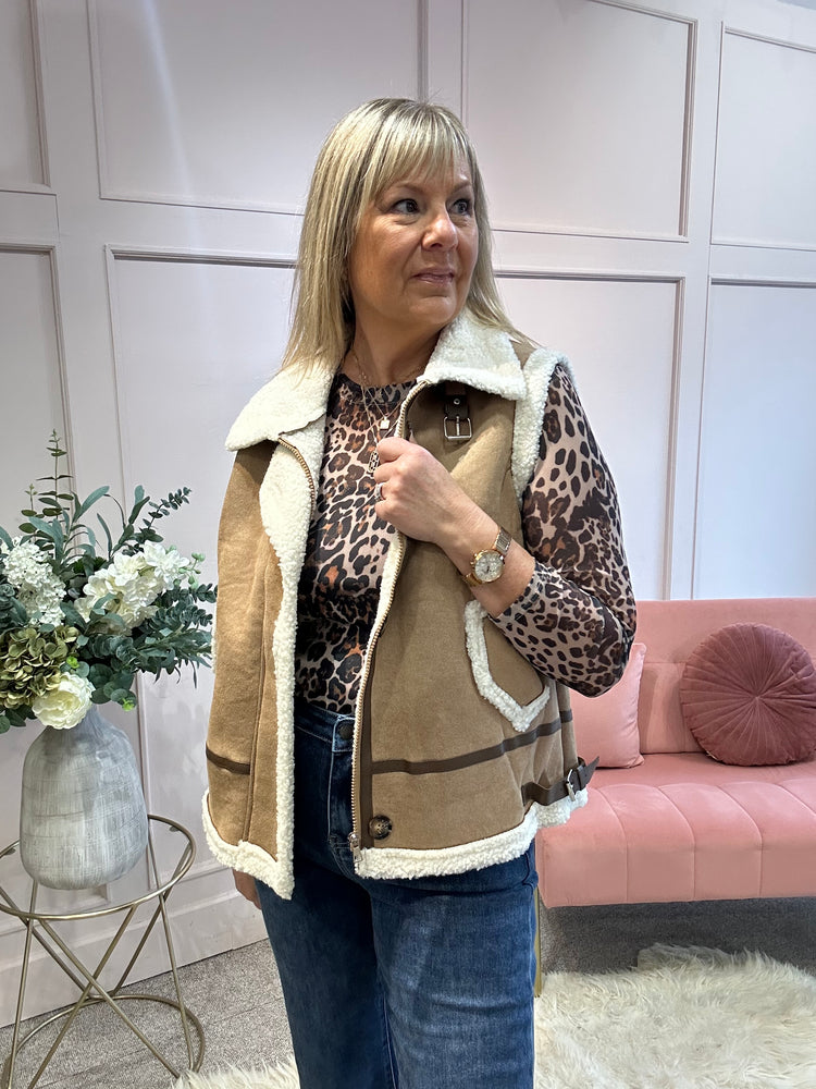 Faux Sheep Skin Gilet - Tan