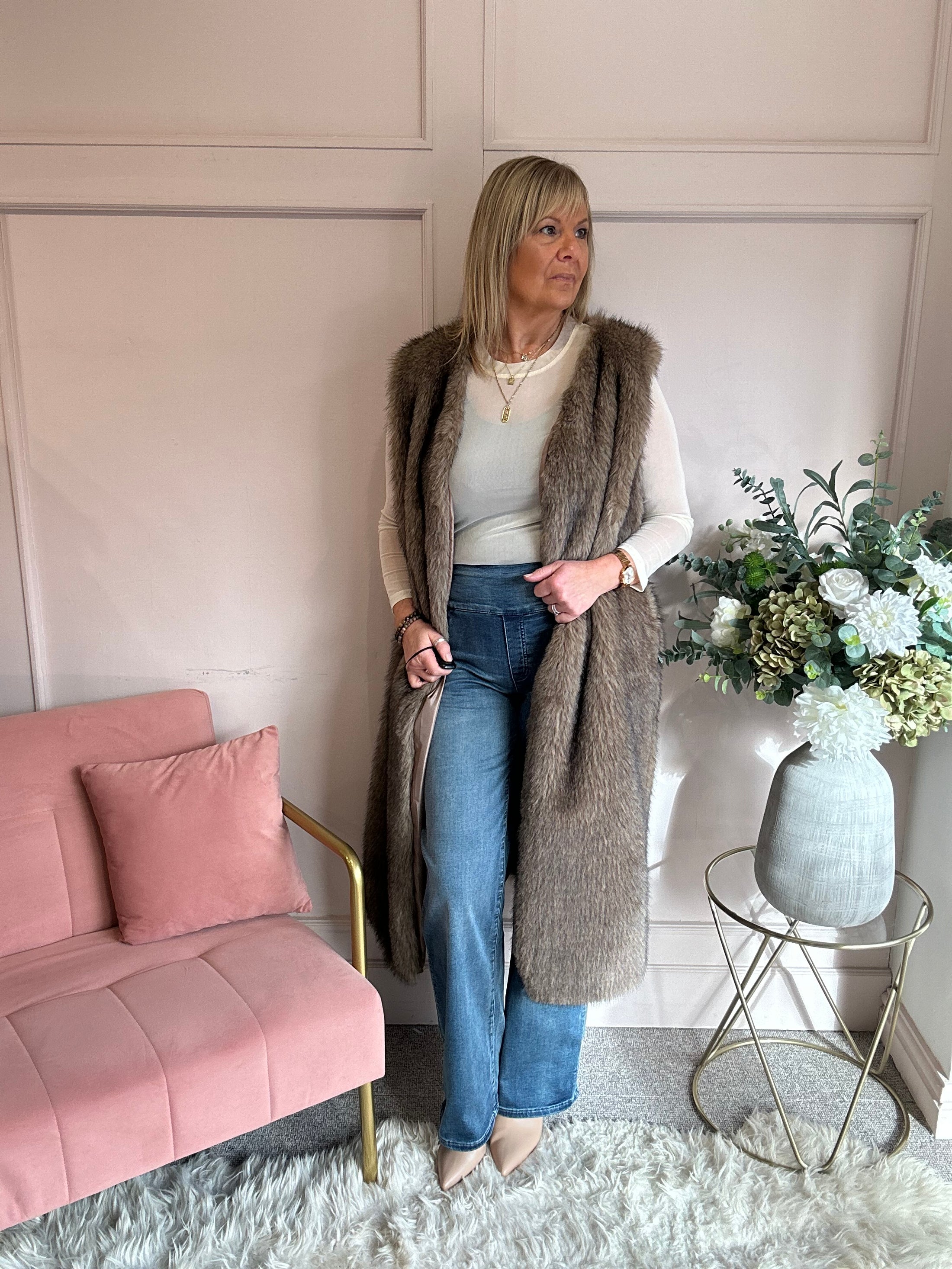 Fabulous Faux Fur Long Gilet - Beige