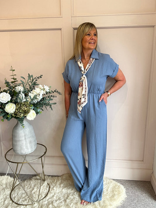 Collared With A Tie  Jumpsuit - Denim Blue - Wardrobe By Simone