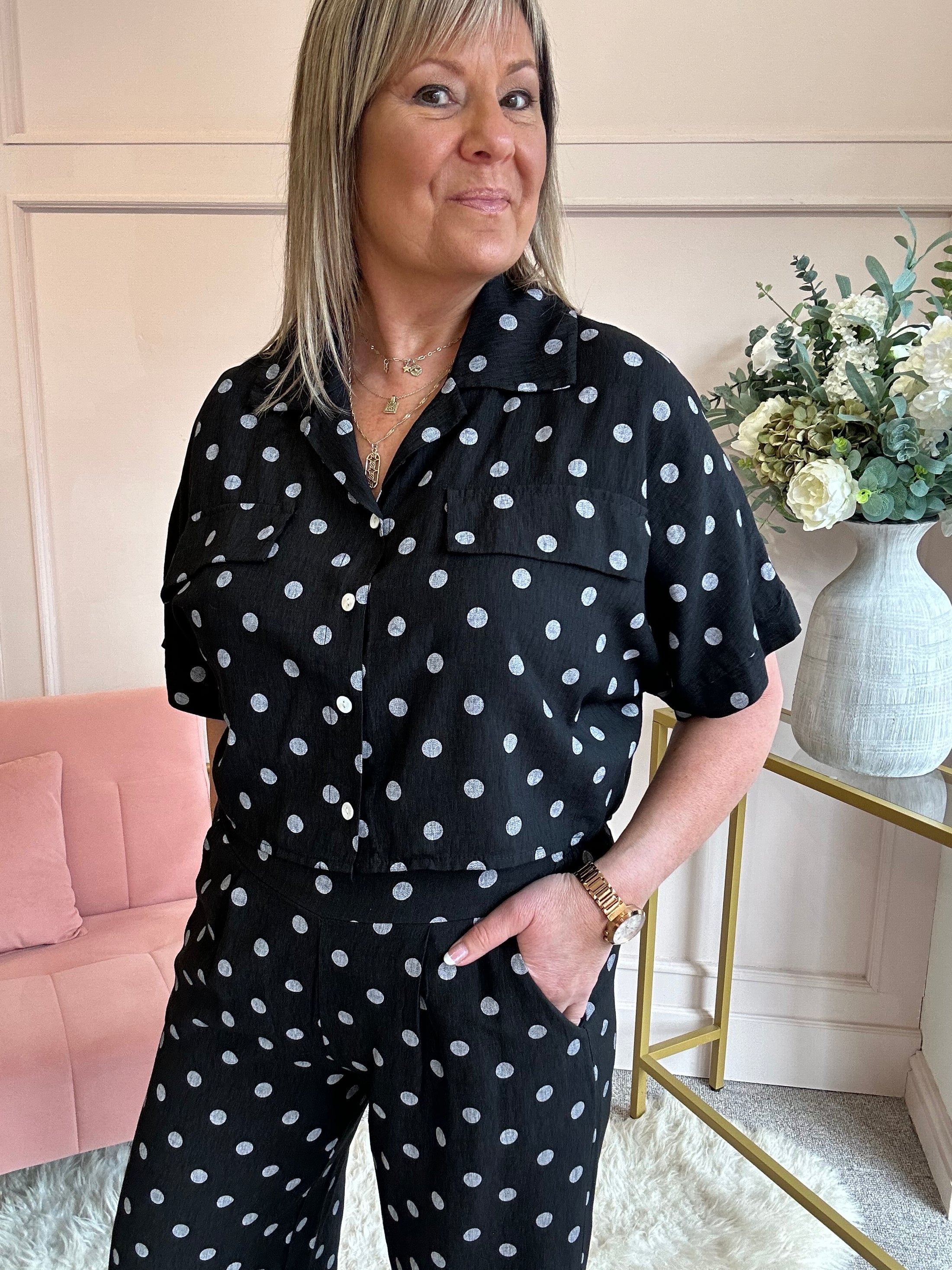 Polka Dot Shirt Pant Set - Black/Grey - Wardrobe By Simone