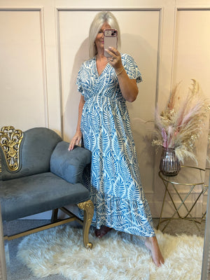 Summer Leaf Maxi Dress - Blue/White