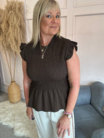 Ruched Bodice Peplum Top - Chocolate - Wardrobe By Simone