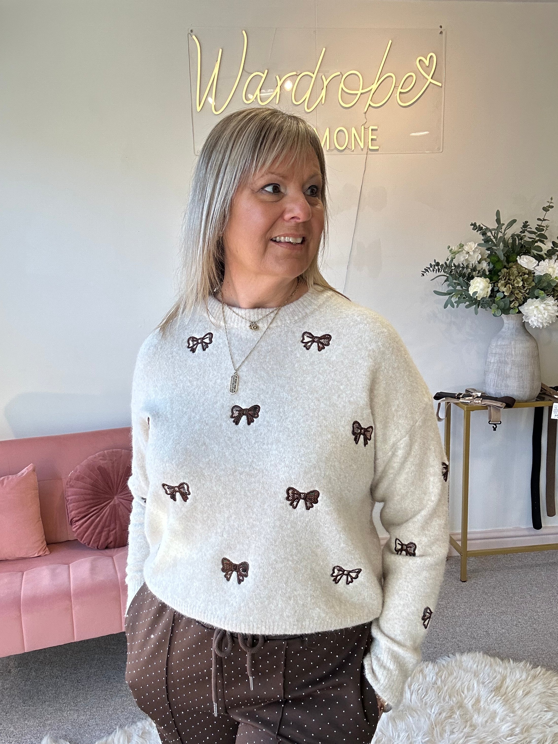 Embroidered Bow Detail Jumper - Cream