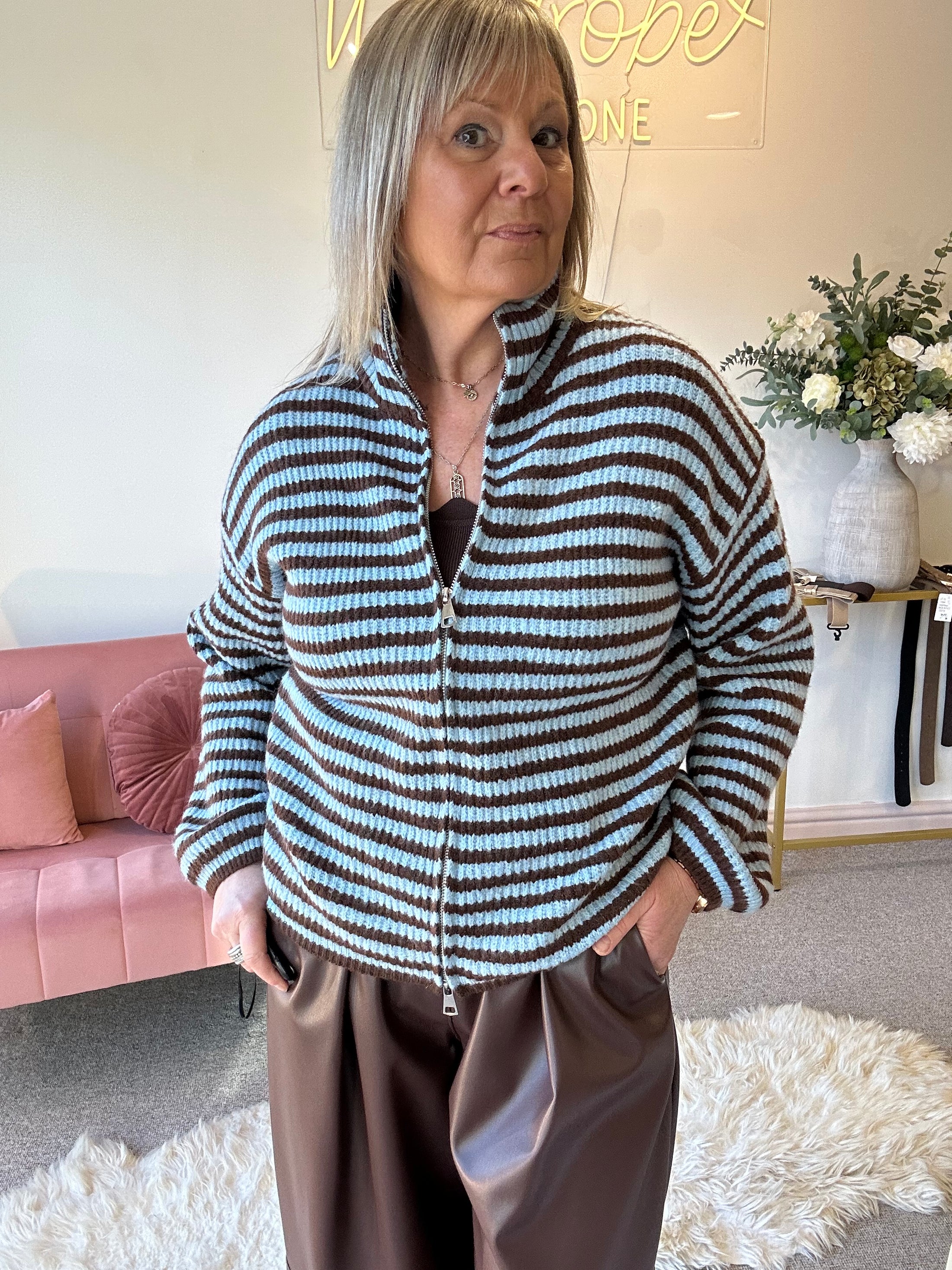 Zip Up Fun Striped Cardigan -  Brown/Blue