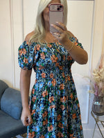 Floral Bloom Midi Dress - Blues/Oranges