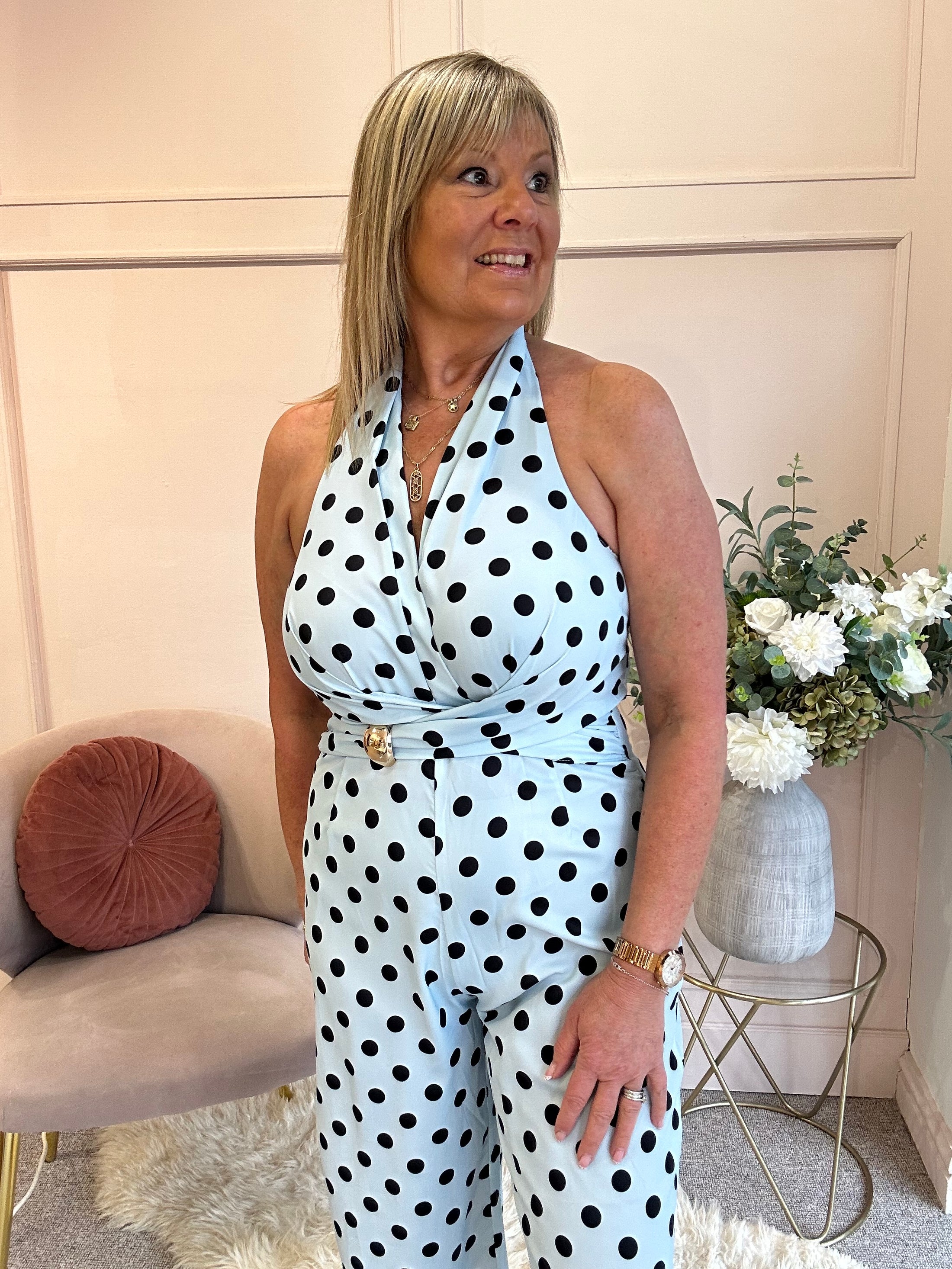 Halter Neck Polka Dot Jumpsuit - Soft Blue/Black - Wardrobe By Simone