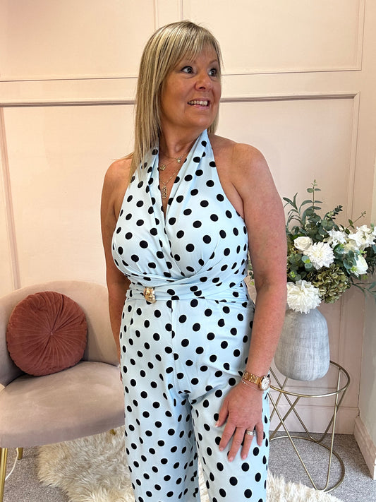 Halter Neck Polka Dot Jumpsuit - Soft Blue/Black - Wardrobe By Simone