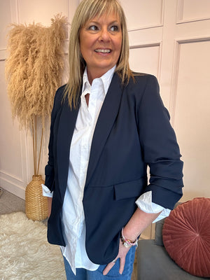 Ruffle Sleeved Blazer - Navy