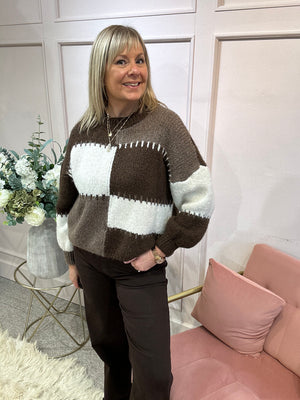 Bold Colour Block Pattern Jumper - Brown/Cream