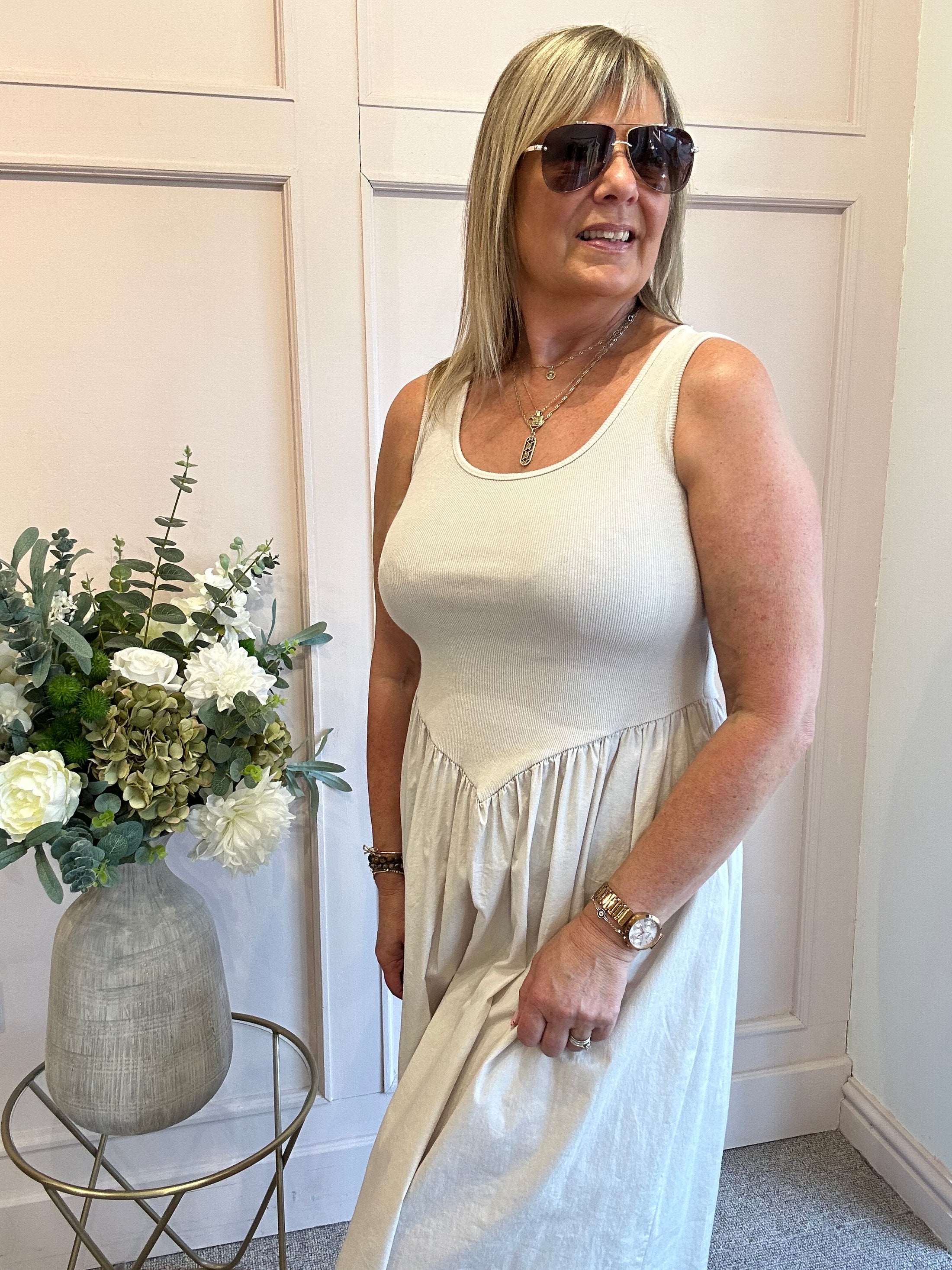 Rib Vest Top & Skirt Dress - Beige