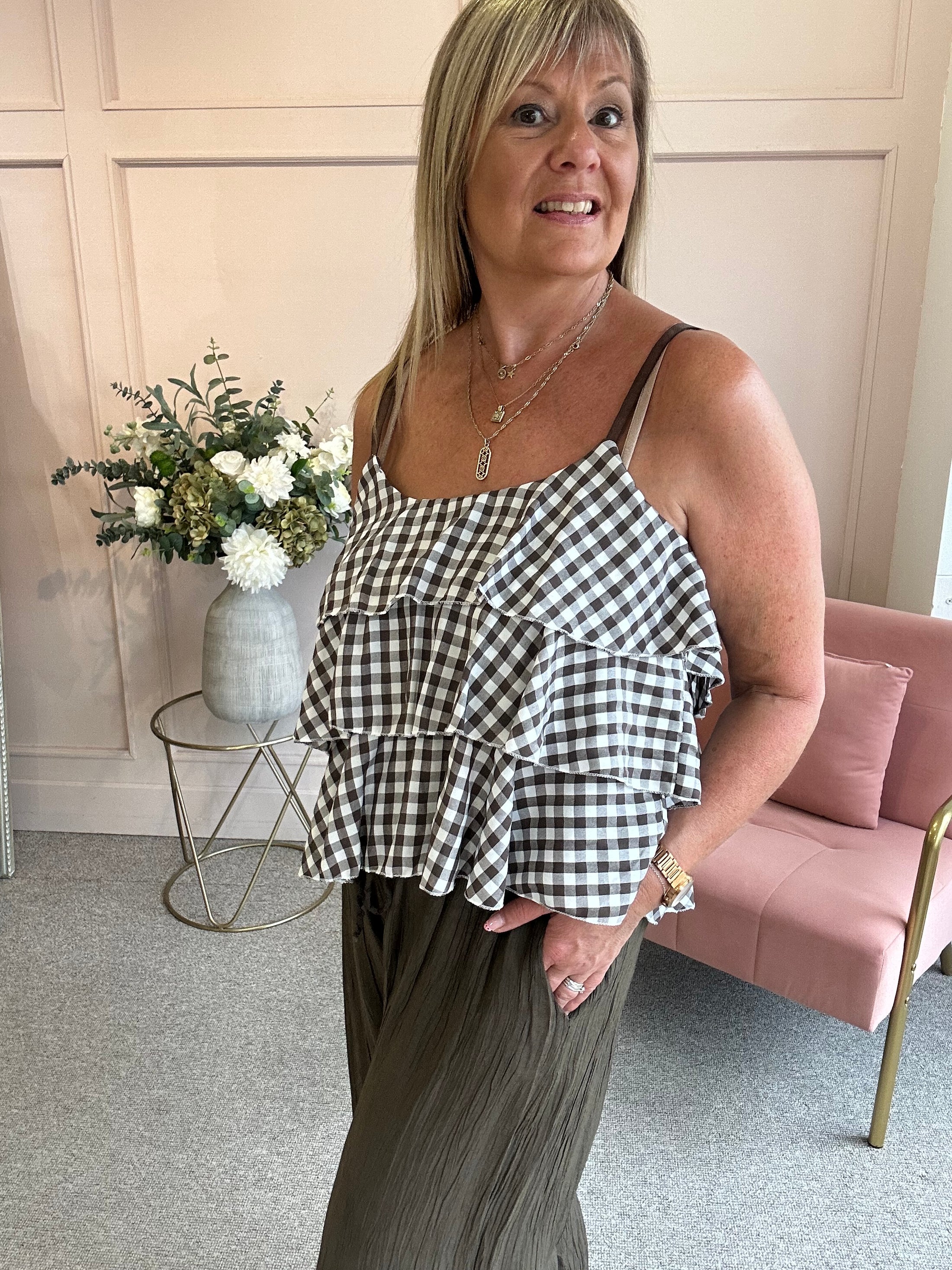 Ra-Ra Gingham Cami Top - Brown/White