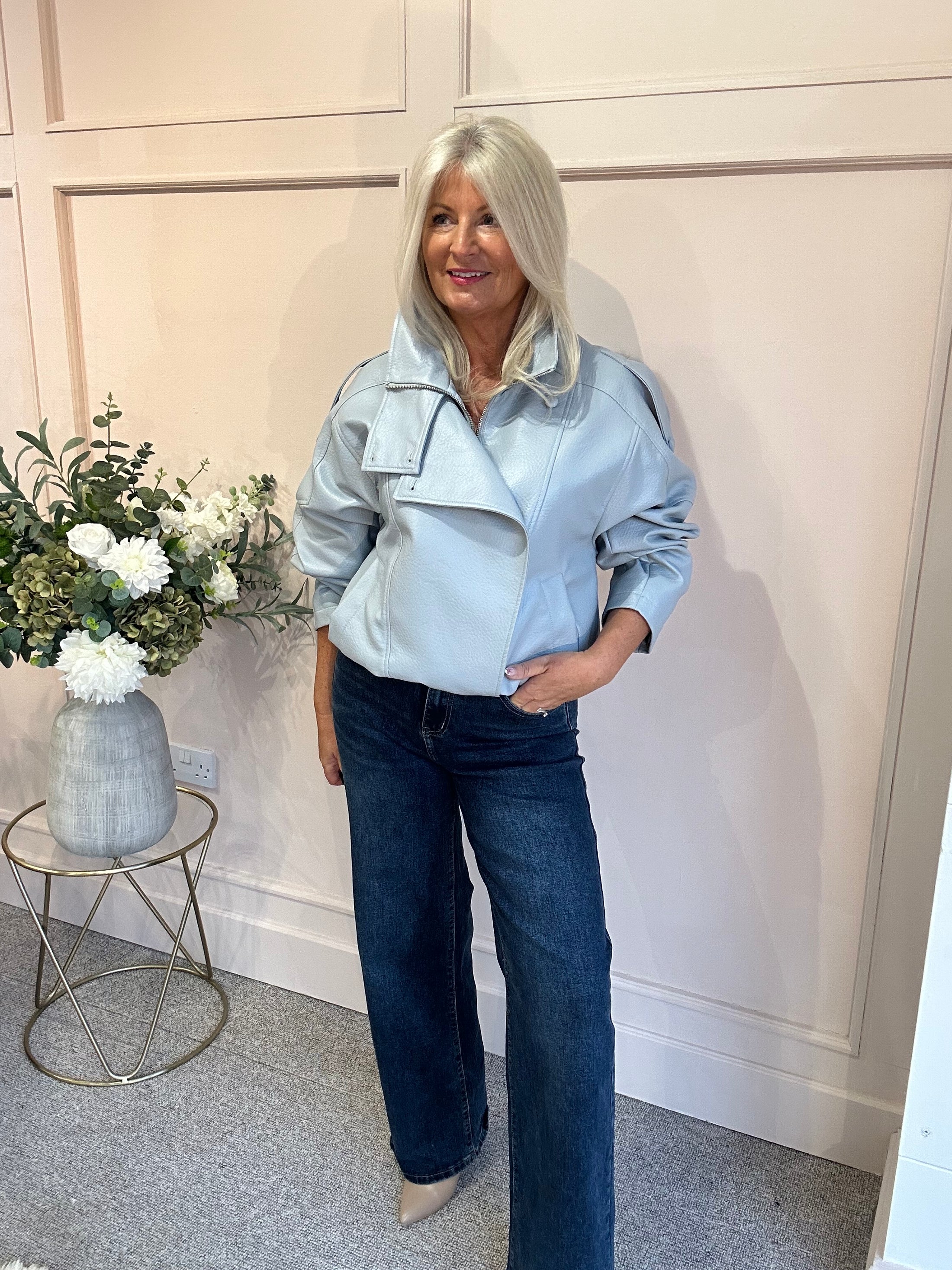 Bomber Faux Leather - Pale Aqua Blue