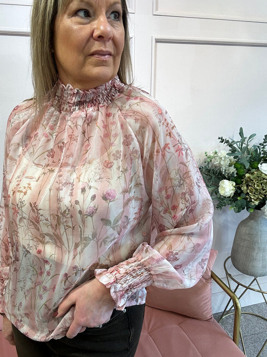 Pretty Flowers Ruffle Neck Top  - Pink - Wardrobe By Simone