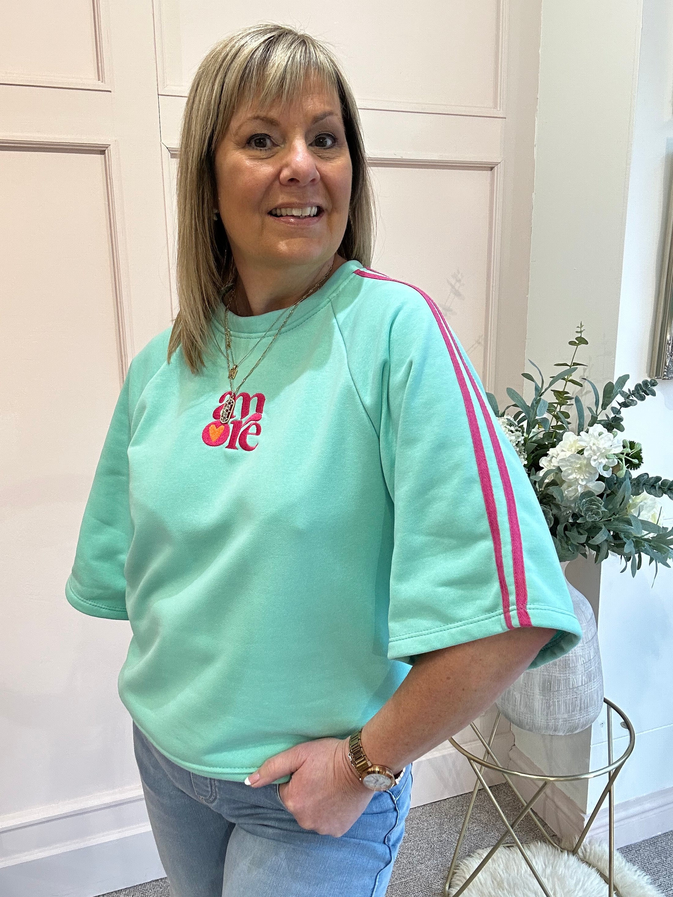 Amore Sweatshirt Jumper - Mint/Fuchsia - Wardrobe By Simone
