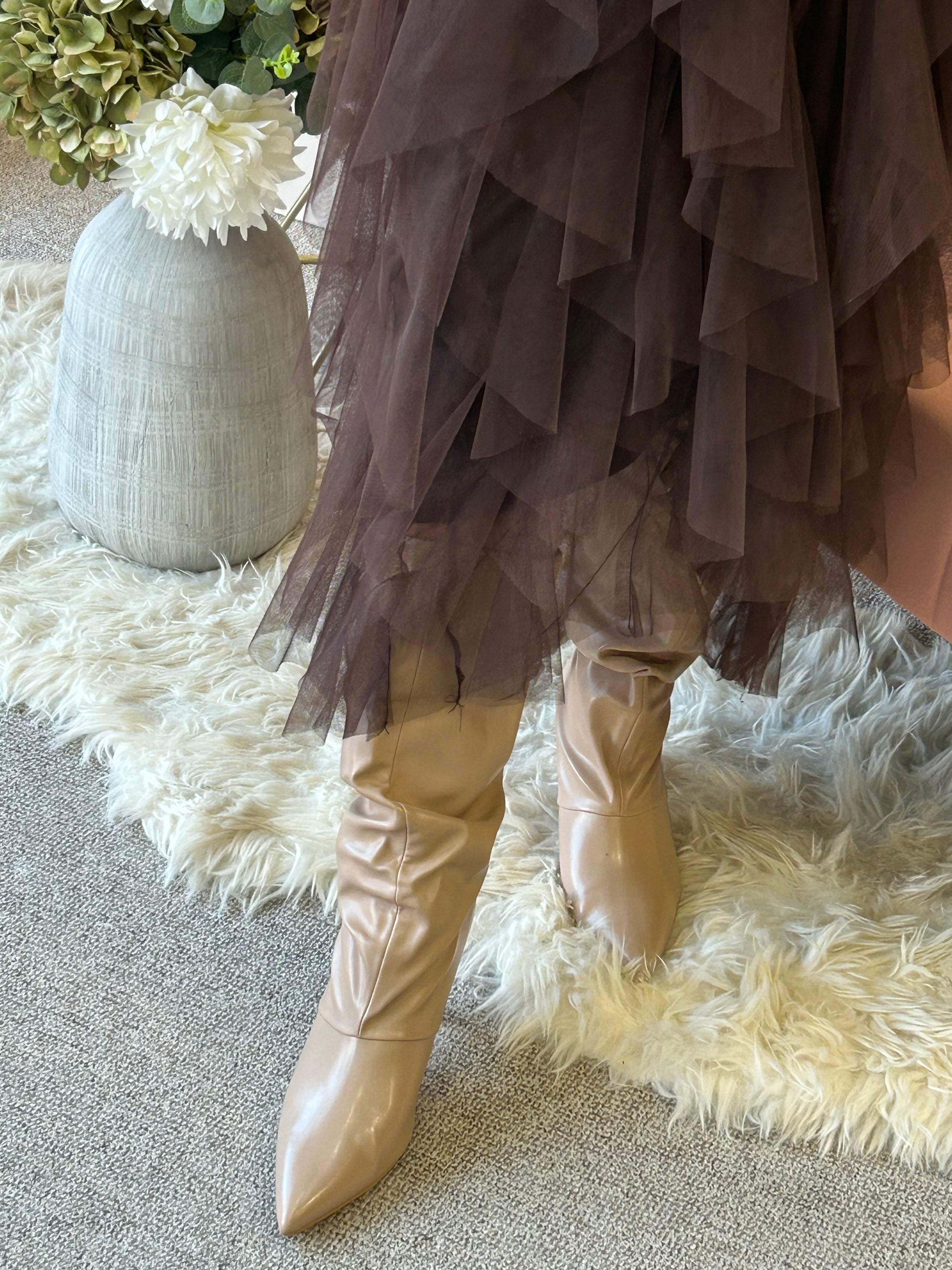 Ruched Pull On Boot - Beige