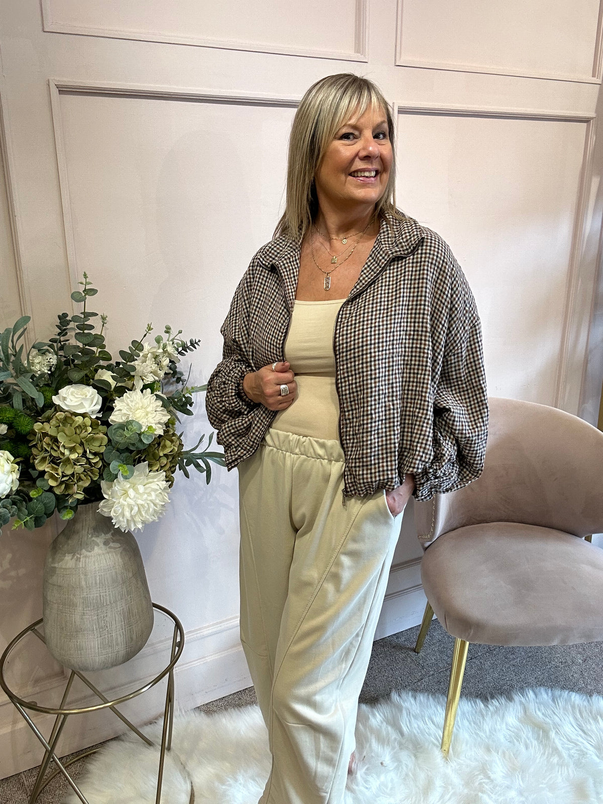 Checked Zip Jacket - Brown/Tan - Wardrobe By Simone