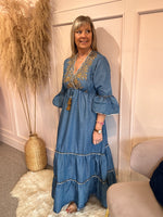 Boho Embroidered Maxi Dress - Mid Blue - Wardrobe By Simone