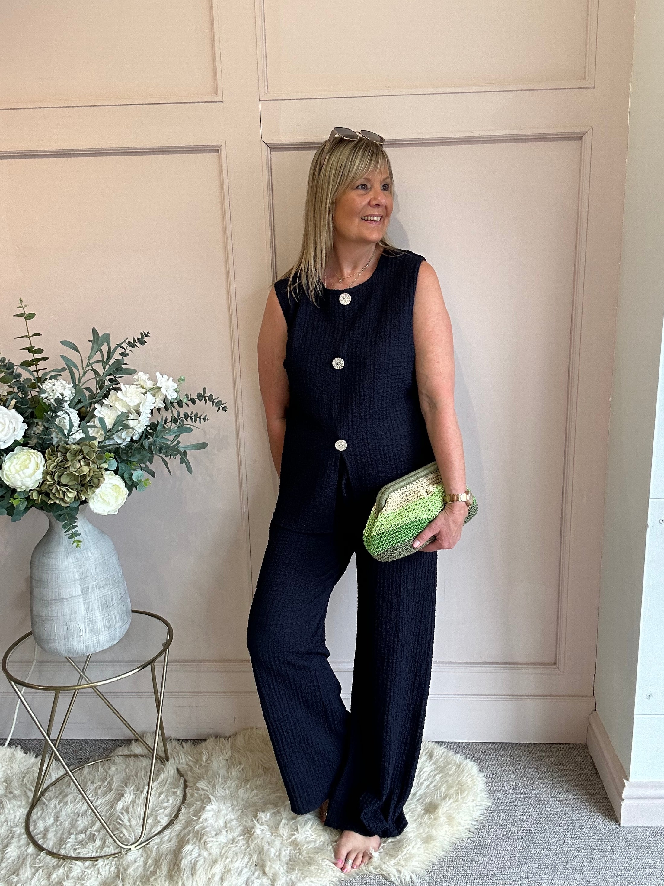 Waffle Effect Top & Pant Set - Navy