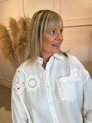 Embroidered Flower Detail Shirt  - Cream