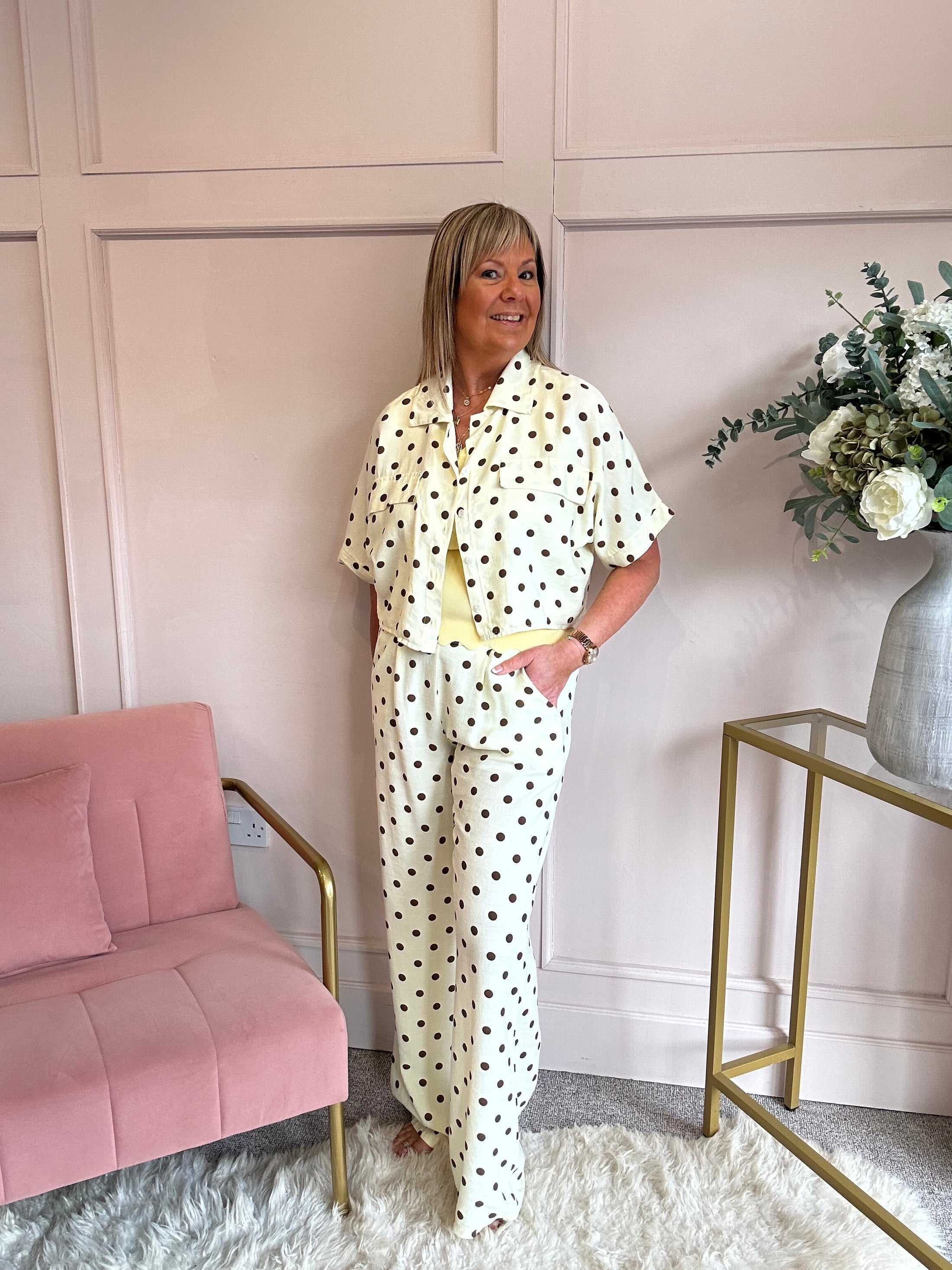 Polka Dot Shirt Pant  Set - Lemon/Brown - Wardrobe By Simone