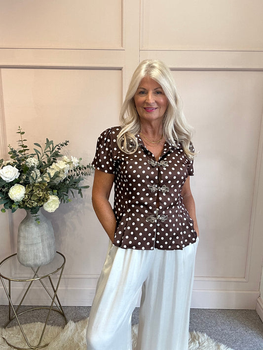 Spotty Collared Shirt Blouse - Brown/White - Wardrobe By Simone