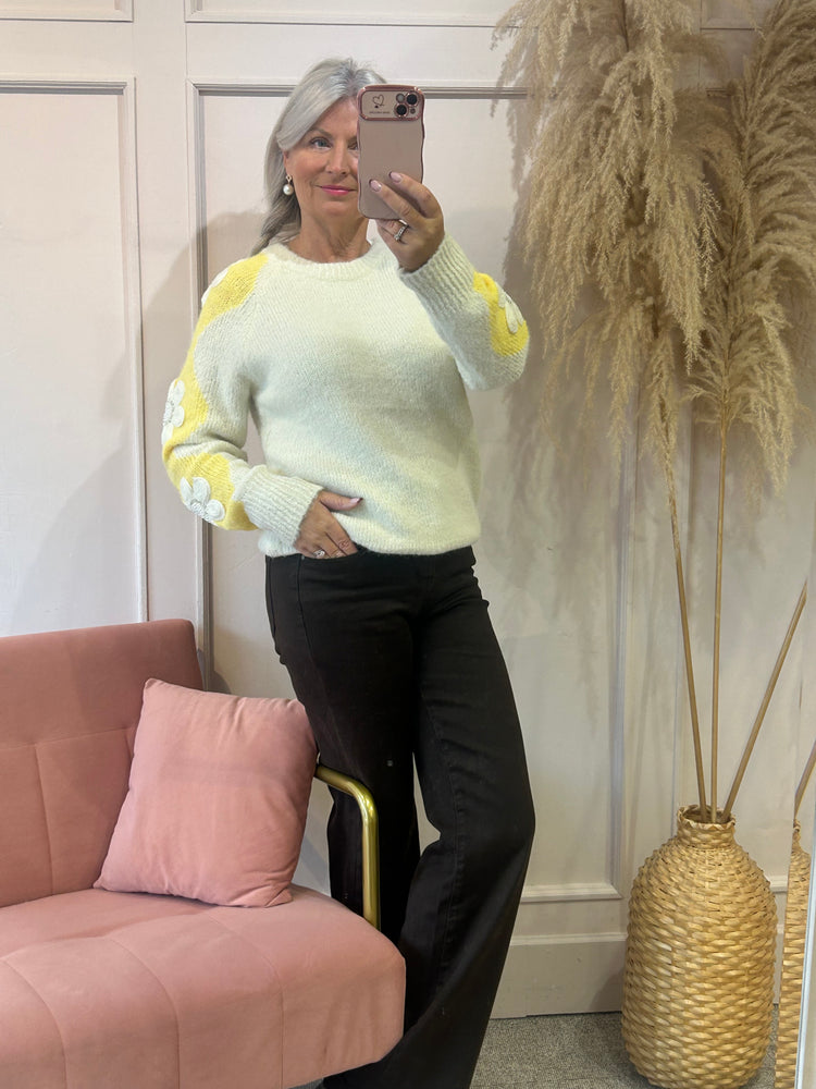 Beaded Flower Detail Jumper - Cream/Yellow