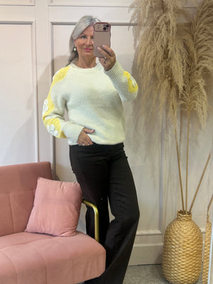 Beaded Flower Detail Jumper - Cream/Yellow