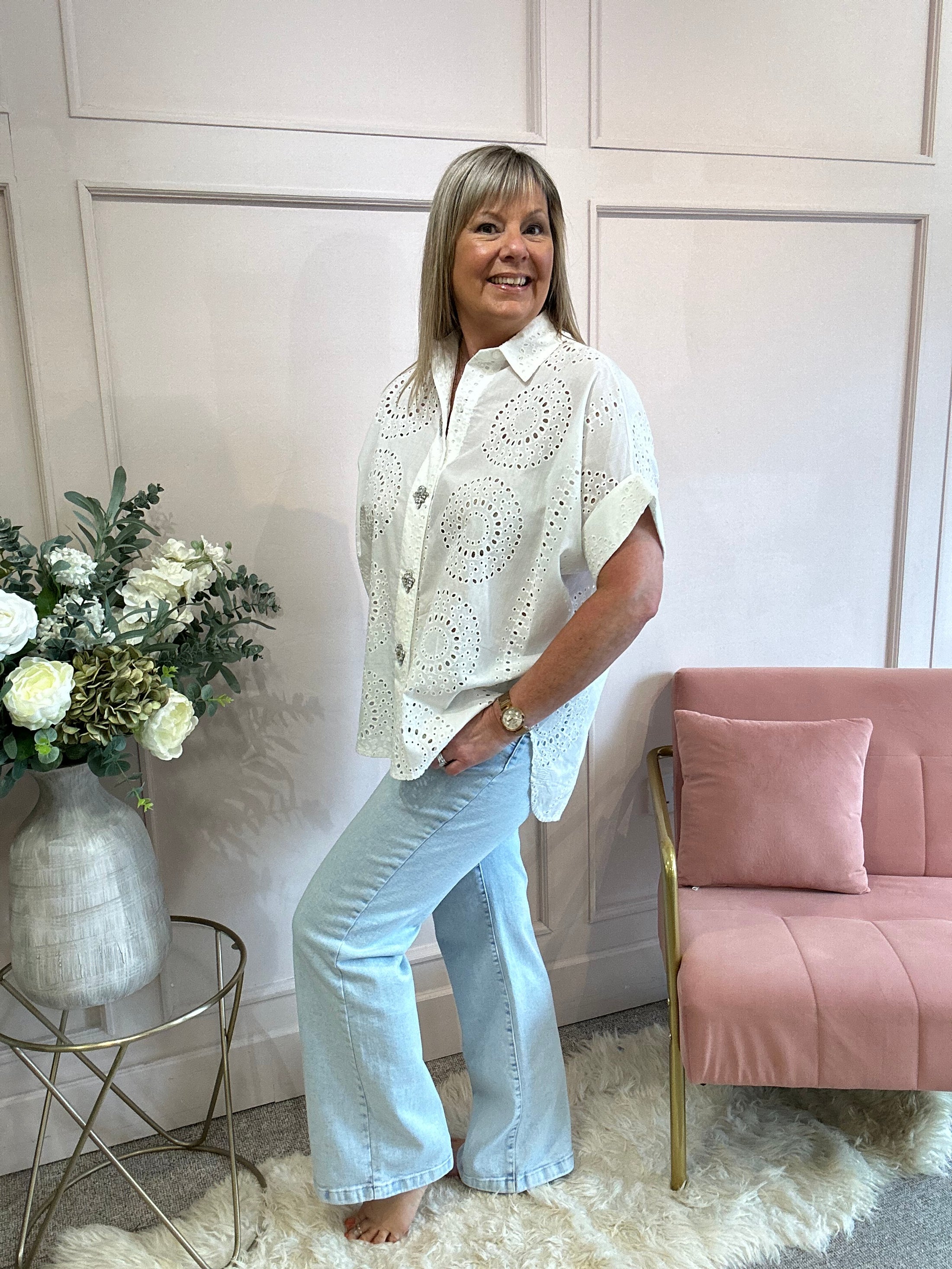 Broderie Anglaise Jewel Button Shirt  - White - Wardrobe By Simone