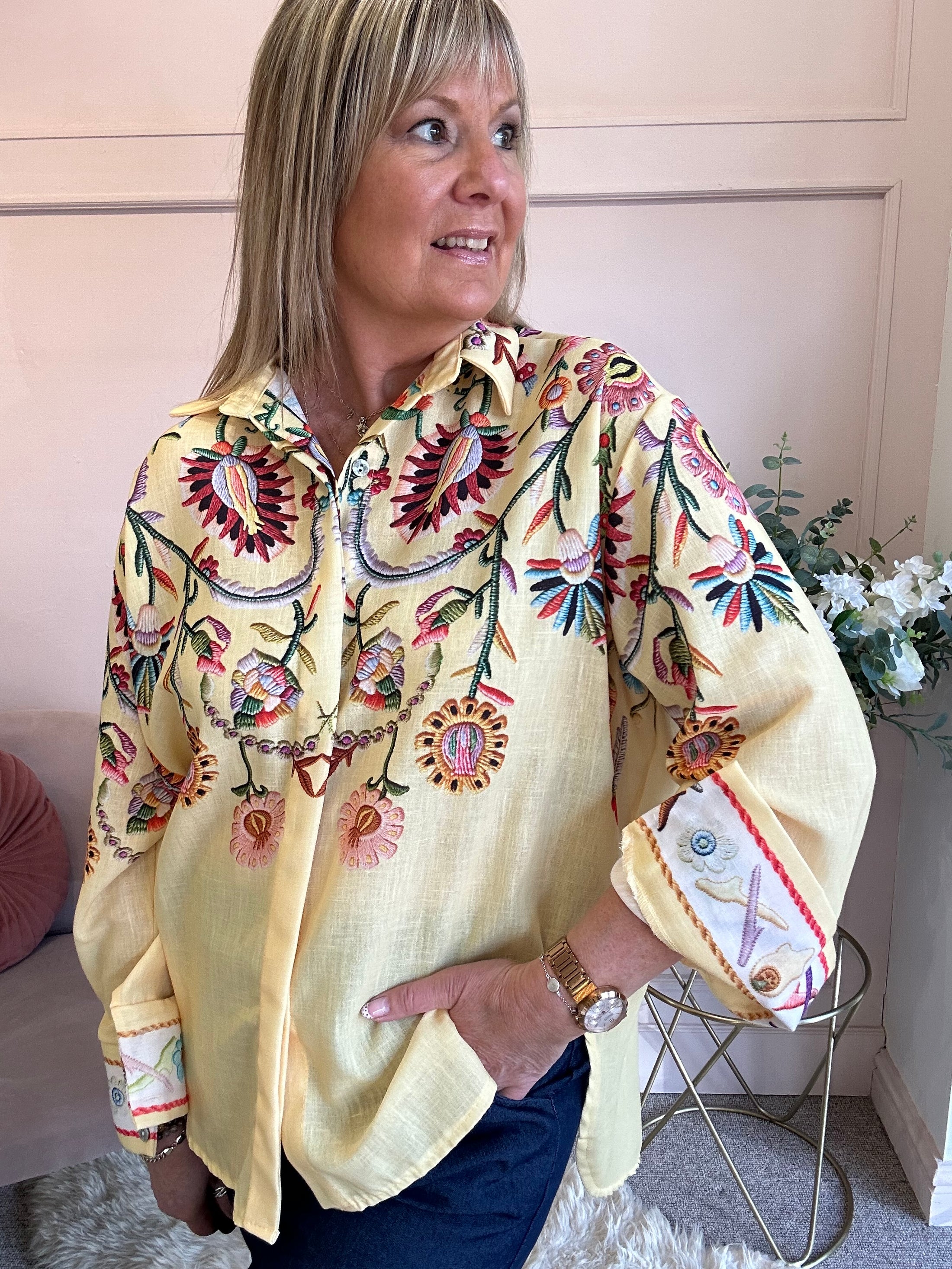Cascading Floral Print Shirt  - Yellow/MIx - Wardrobe By Simone