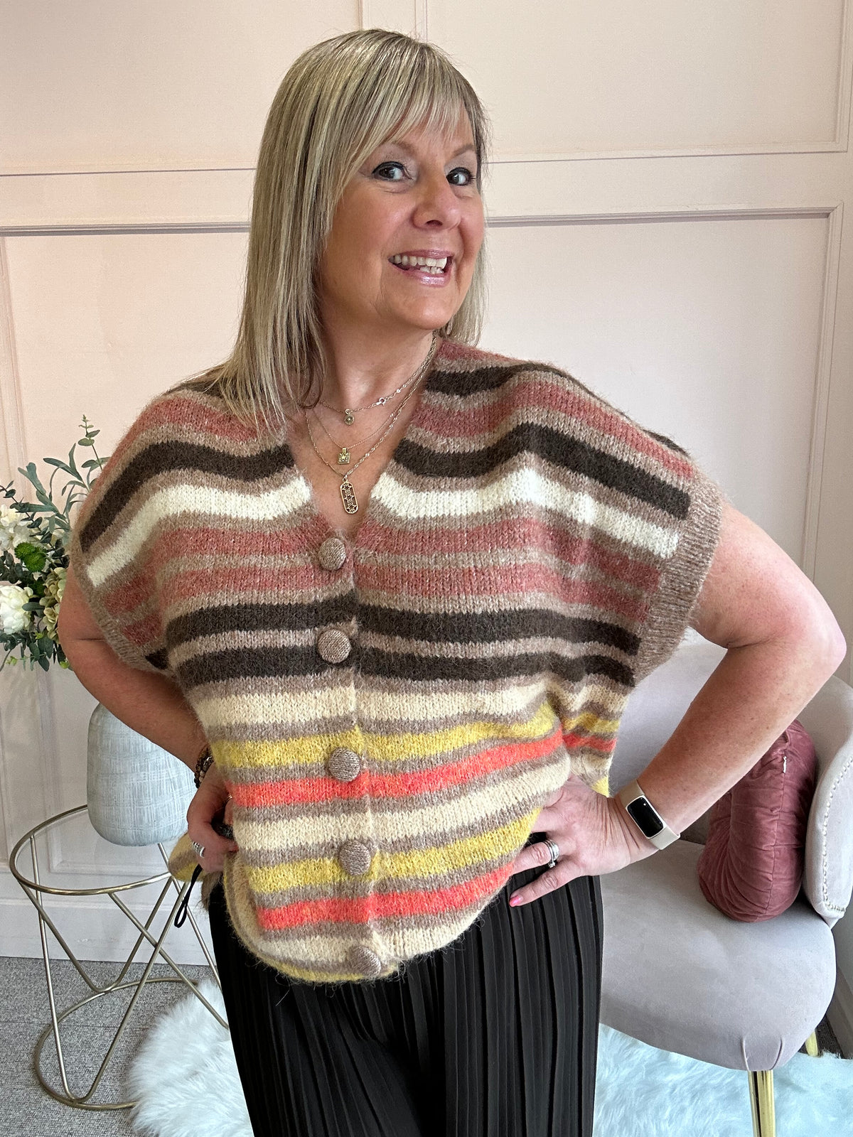 Cosy Striped Waistcoat - Browns