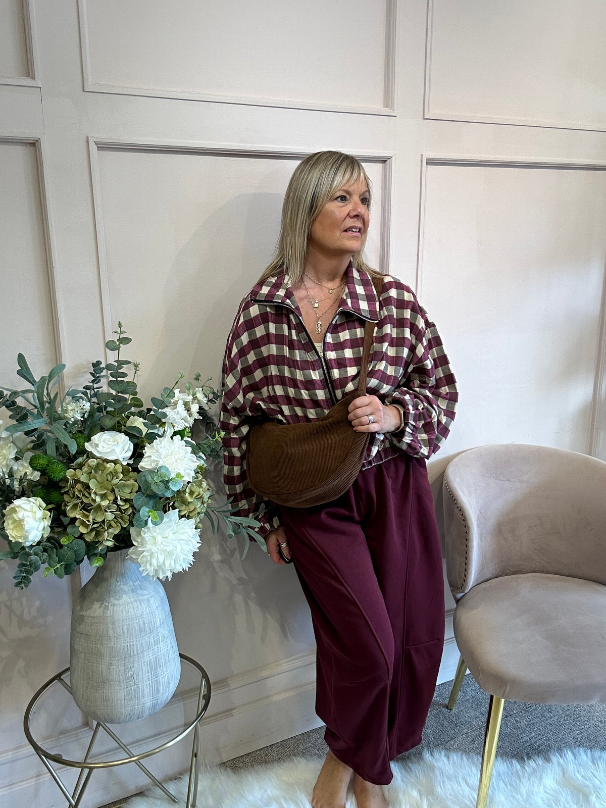 A Checked Zip Jacket - Burgundy/Cream - Wardrobe By Simone