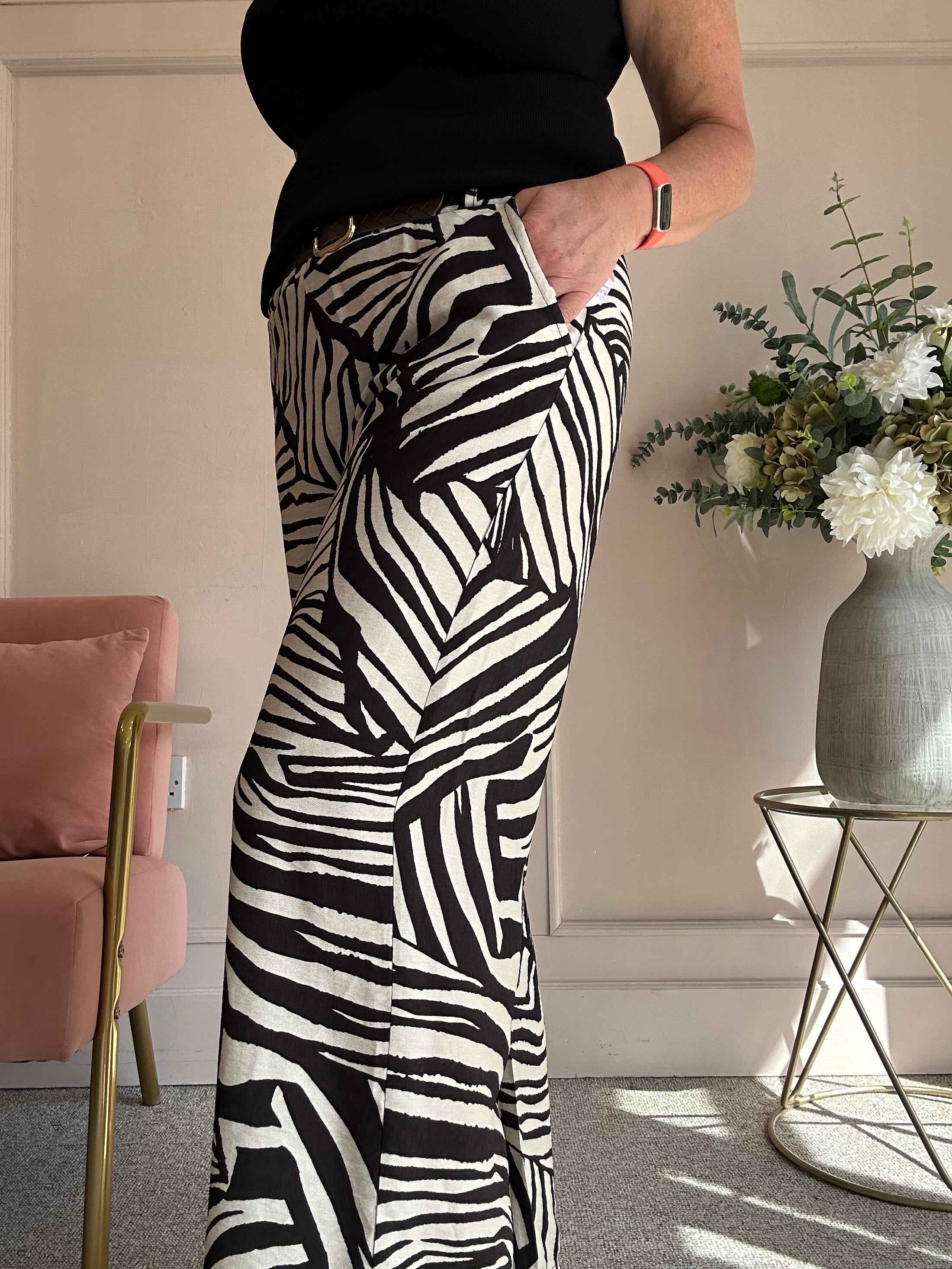 Belted Zebra Wide Pant - Black/Cream
