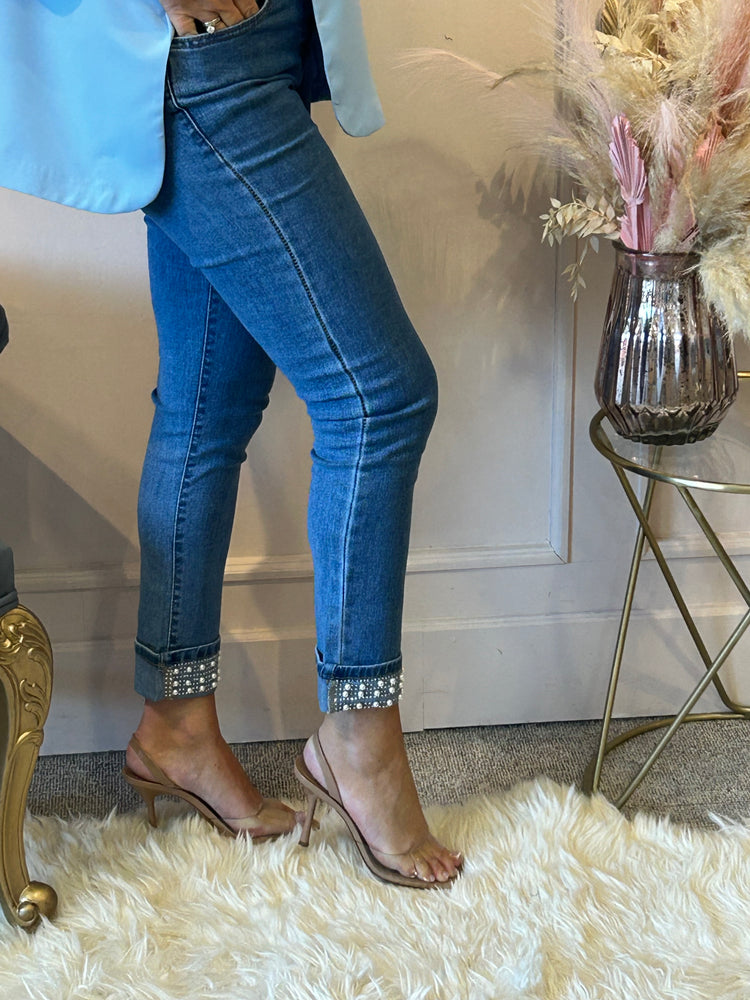 Pearl Detail Straight Leg Jeans- Lighter Denim - Wardrobe By Simone