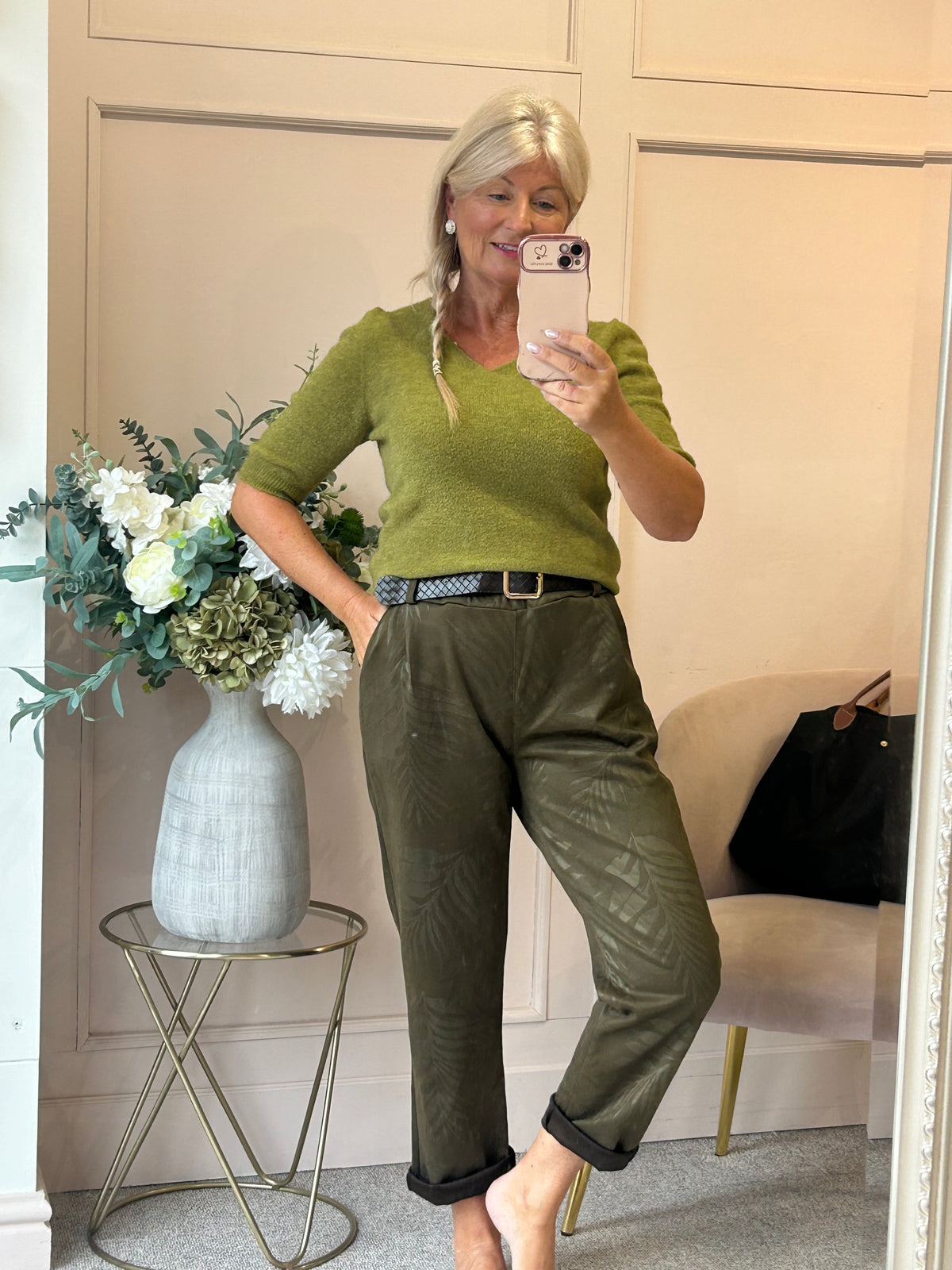Belted Leaf Embossed Pant - Olive Green