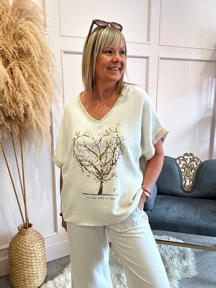 'All You Need Is love' V Neckline T-Shirt - Creamy Beige