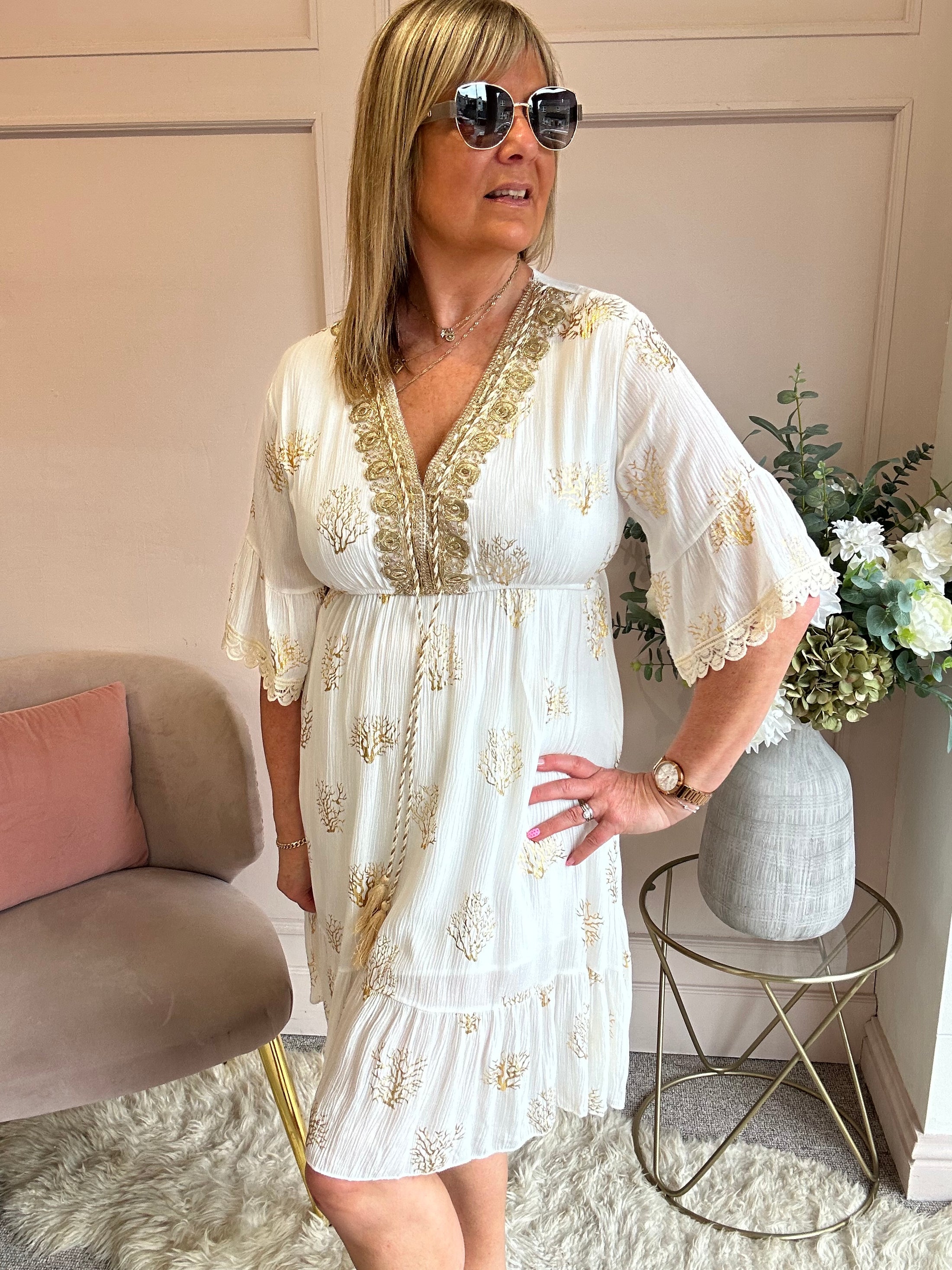 Embroidered Gold Midi Dress - Soft Cream/Gold - Wardrobe By Simone