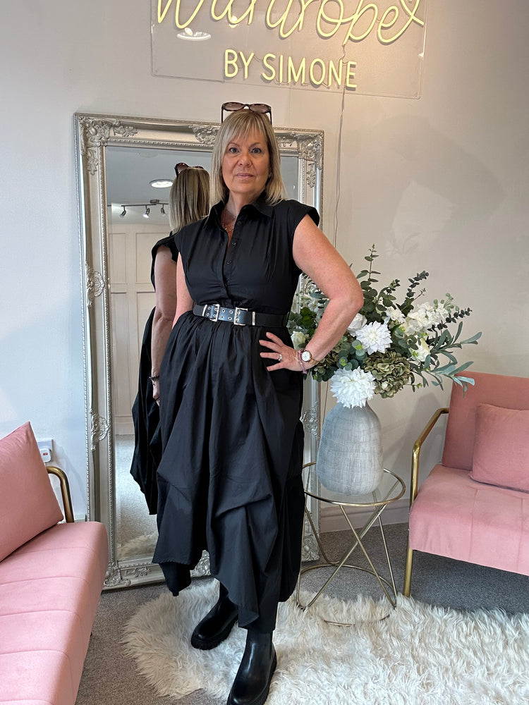 Quirky Belted Ruched Skirt Dress - Black