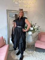 Quirky Belted Ruched Skirt Dress - Black