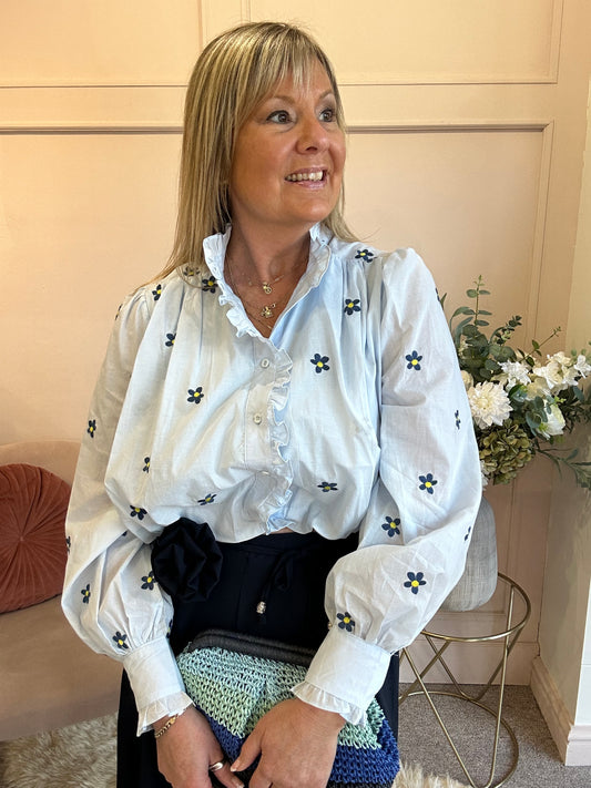Romantic Daisy & Ruffle Top - Soft Blue - Wardrobe By Simone