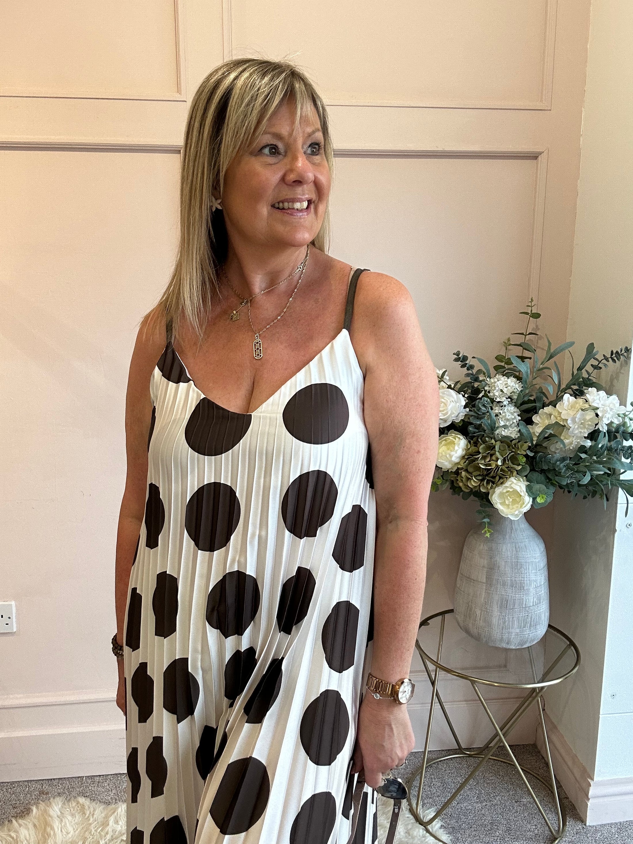 Spotty Dotty Pleated Maxi Sundress- Cream/Brown