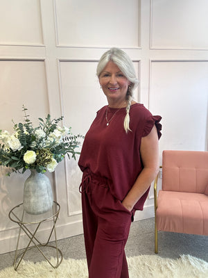 Frill Cap Sleeve Top - Burgundy