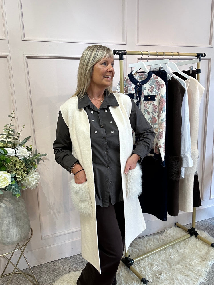 Fluffy Pocketed Long Waistcoat - Cream