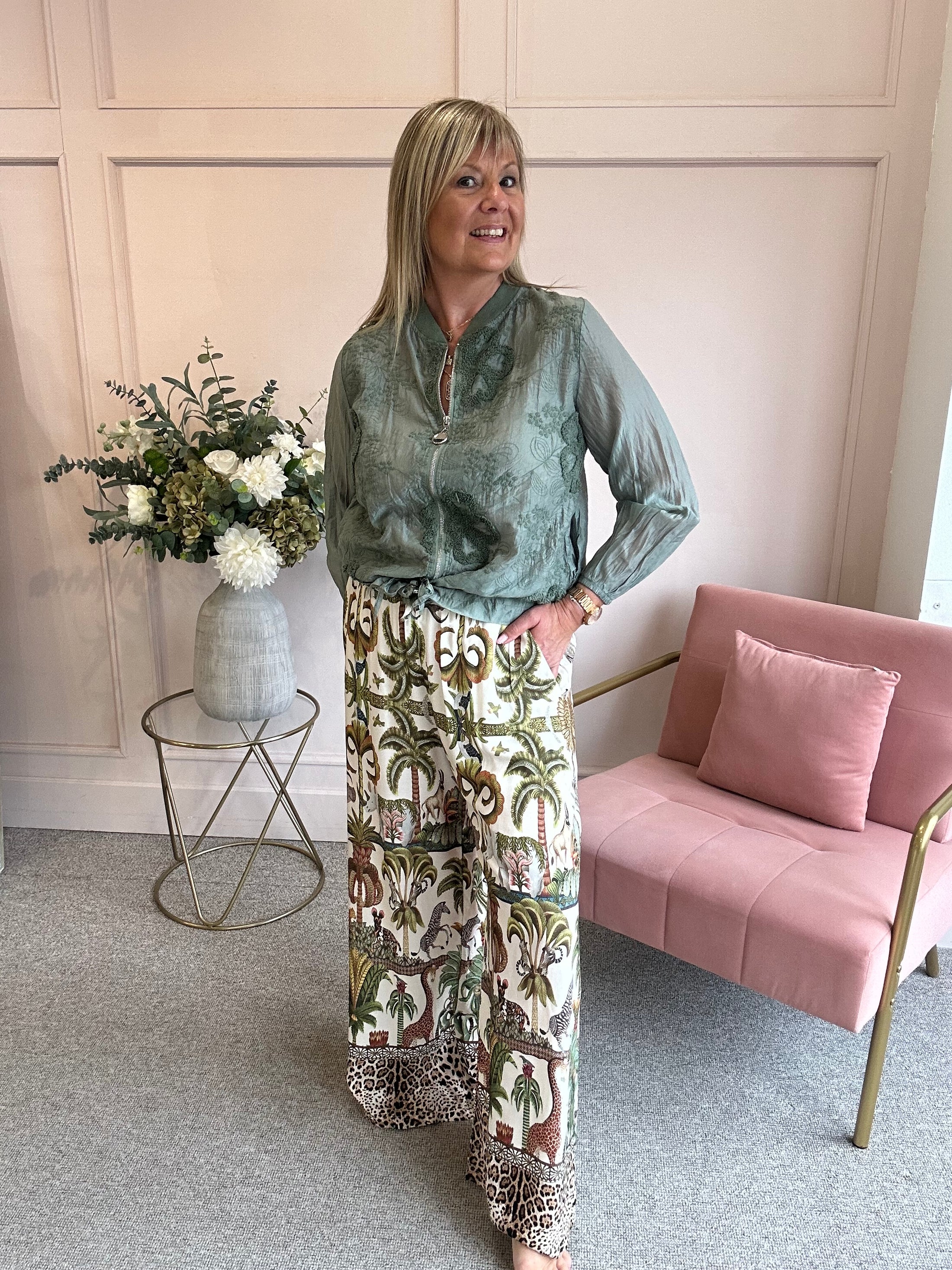 Embossed Floral Zip Jacket - Sage Green